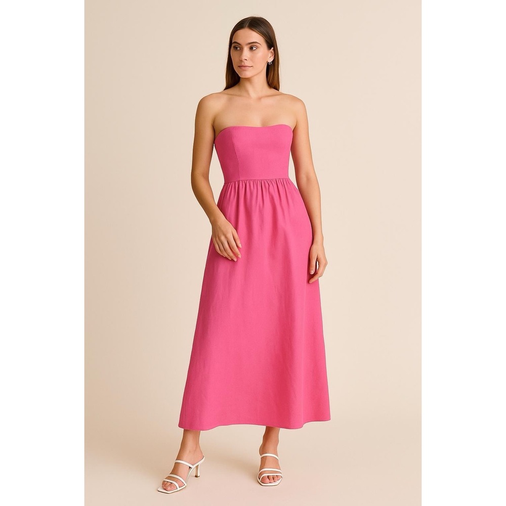 NWT Reformation Midi‎ Dress Size 12 Fettuccine 100% LINEN Pink Strapless Pleated